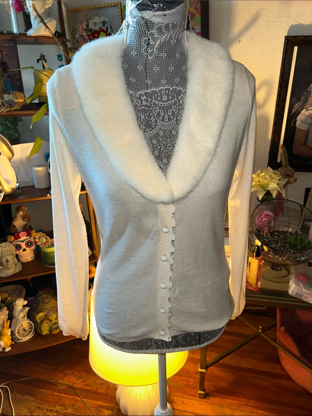 Blumarine Ivory Faux Fur-Trim Knit Cardigan with Pearl Buttons on. The vintage